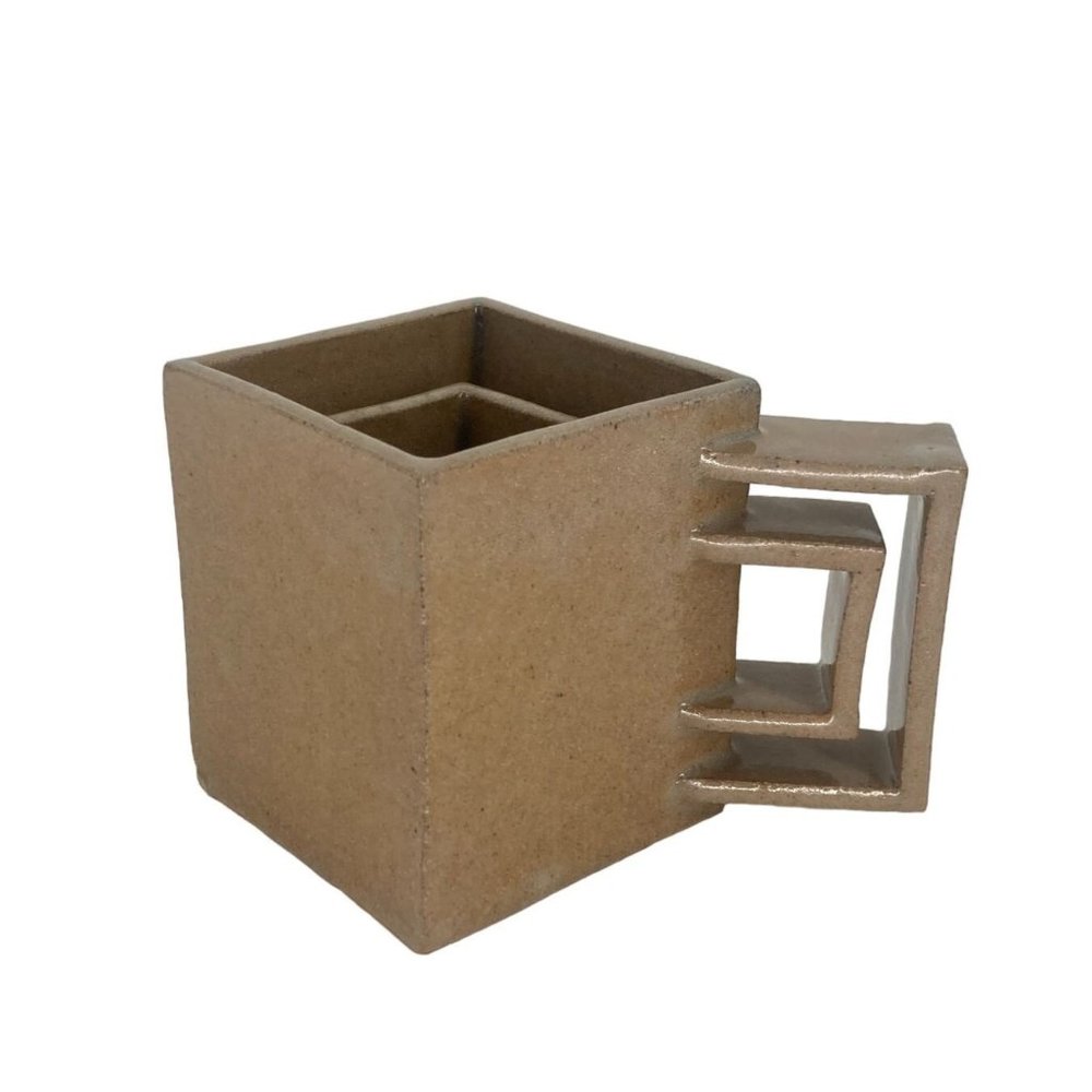 Handmade Square in Square Rectangle Handle Clay Mug Funky Vintage Fun